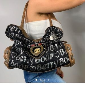 Y2K BETTY BOOP PRINT METALLIC LOGO BROWN ASYMMETRICAL LONG PURSE HANDBAG